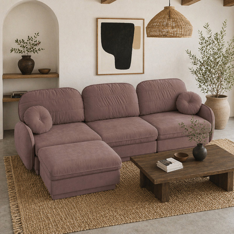 Canapé modulaire en chenille en L avec repose-pieds et dossier profond pour siège flexible, 105.1" W, Rose Dust Chenille