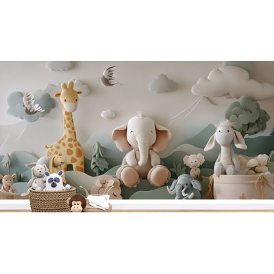 Cute Jungle Animals Wallpaper - Giraffe, Elephant, Donkey & Cloudy Sky Mural For Baby Room, Nursery Or Kids Bedroom Playful Cartoon Style Wall Decor