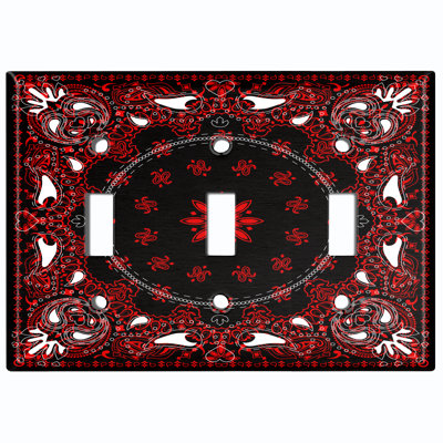 Metal Light Switch Plate Outlet Cover (Red Paisley Circle Black Tile   - Single Toggle)