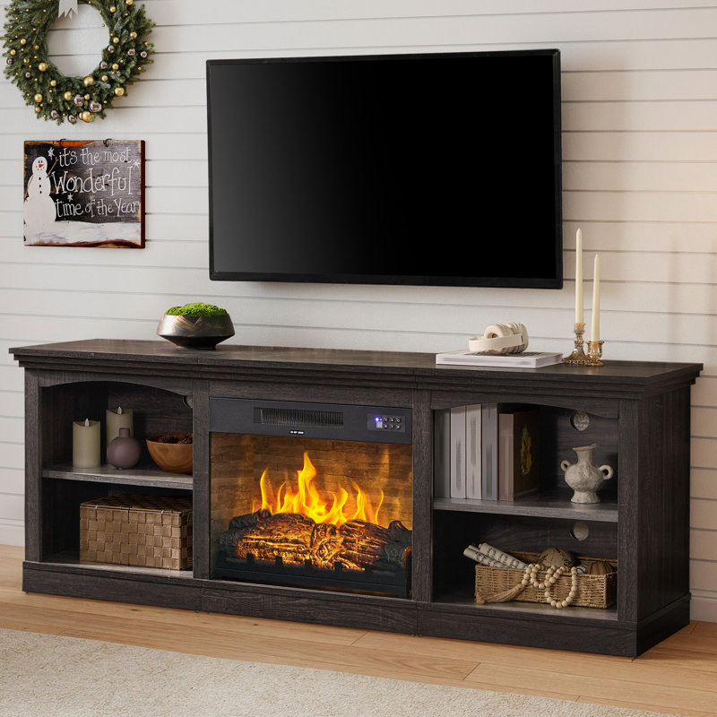 70" Farmhouse Fireplace Tv Stand For 80 Inch Tv, Large Tv Console Table For Living Room, Black, Black