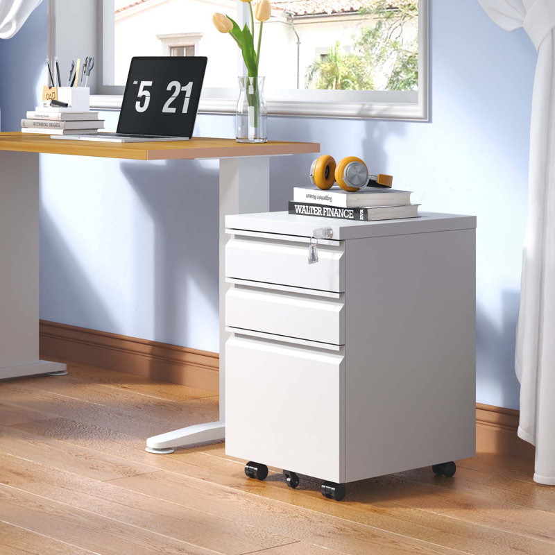 3 Drawer Metal Mobile File Cabinet with Lock for Home Office Fully Assembled, White