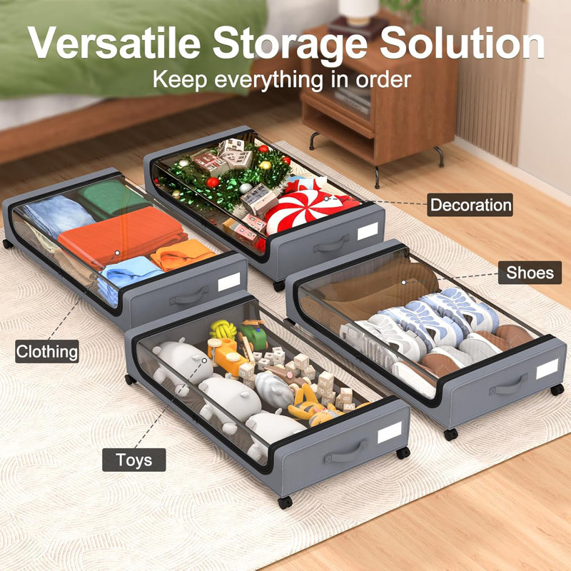 Under Bed Storage With Wheels 48L Underbed Storage Containers With Lids - Rolling Bins For Shoes Clothes In Dorm Bedroom - Metal Drawers Easy Pull-Out Grey 2-Pack