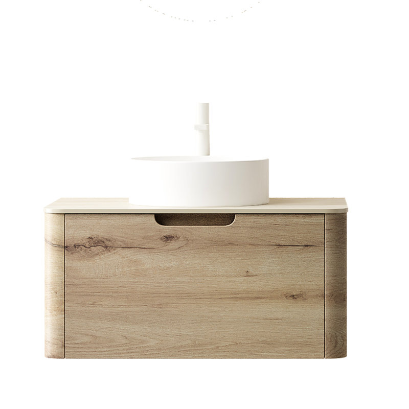 30" Bathroom Vanity With High - Quality White Round Ceramic Sink, Pattern Sintered Stone Counter, Wall Mounted Plywood Cabinet Drawer, Soft Close System, Pre Assembled, Oak Finish Smooth Stain Top,