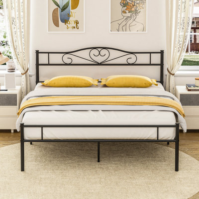 Queen Size Metal Bed Frame with Headboard & Footboard, Black Modern Farmhouse Platform Bed with with Decorative Victorian Headboard, Mattress Foundation with Heavy Duty Steel Slats Support, No Box Spring Needed, Underbed Storage