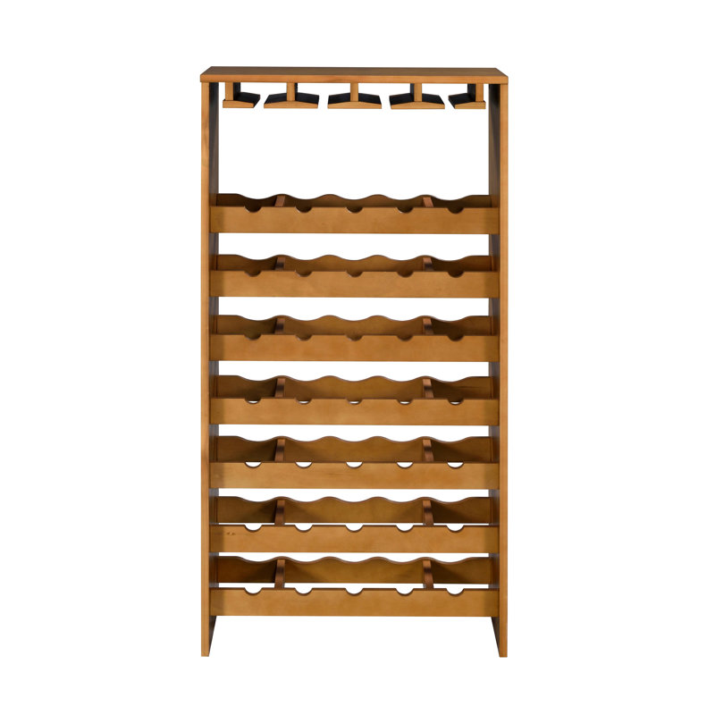 Support à vin pour 35 bouteilles en finition chêne, tablette à 7 niveaux, 4 porte-gobelets, panneau de particules, profondeur de 12 po, largeur de 24 po, hauteur de 48 po, plancher de 3 po, limite de poids de 100 lb, verrerie Kd intégrée et porte-verres à pied