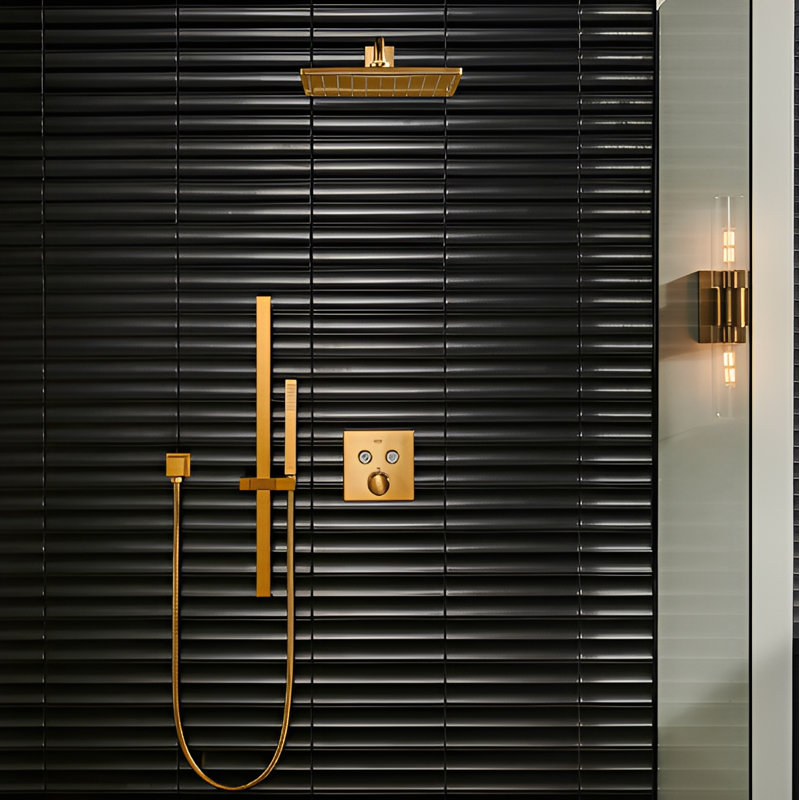 Brushed Gold 12" Square Rain Head 2 Way Function Thermostatic -pressure Balance Shower Kit