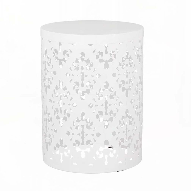 Table de bout de patio avec structure en métal, plateau rond et forme cylindrique droite, Blanc