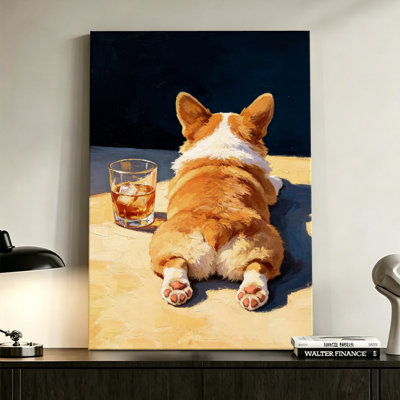 Corgi Lounging with a Drink Cosy Impressionist Canvas Wall Art, 24" x 36" Gallery Wrapped Canvas Print, Tan & Teal Dog Wall Decor for Kitchen, Living Room & Home Office