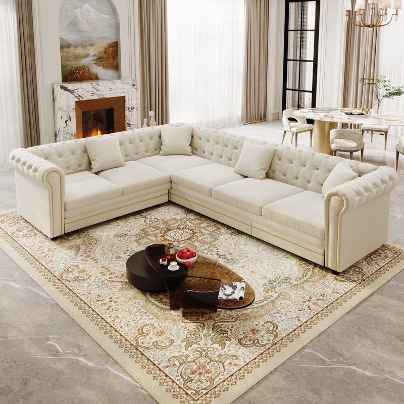 Canapé-lit d'angle convertible en forme de L de 115,3 pouces avec lit gigogne, capitonnage en velours à boutons, Beige