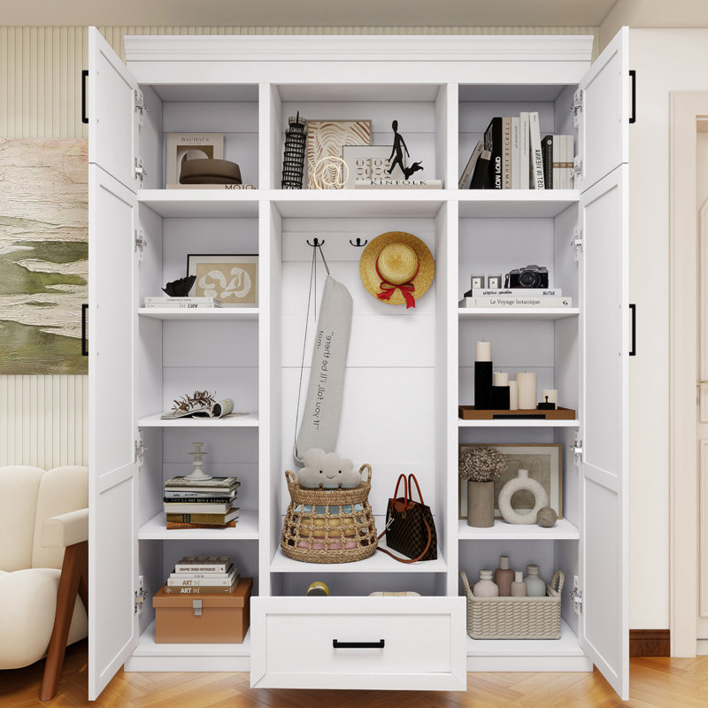 White Hall Tree With Bench And Shoe Storage,Farmhouse Hall Tree With Doors,Mudroom Bench With Storage,Mudroom Cabinet Furniture,Entrance Organizer For Hallway, Entryway