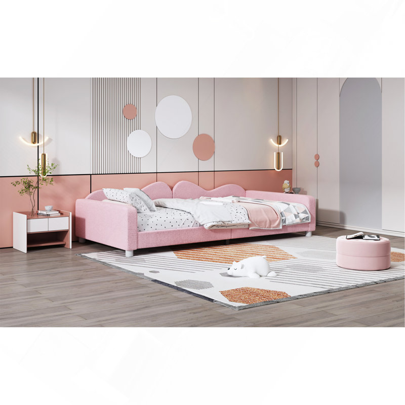Lit de jour rembourré en tissu Sherpa avec dossier en forme de nuage Ironesha, Simple, Rose