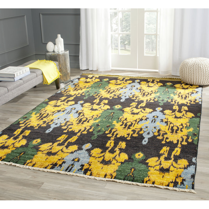 Calcutta Ikat Hand-Knotted Wool Black/Gold/Green Area Rug, Rectangle 8' x 10'