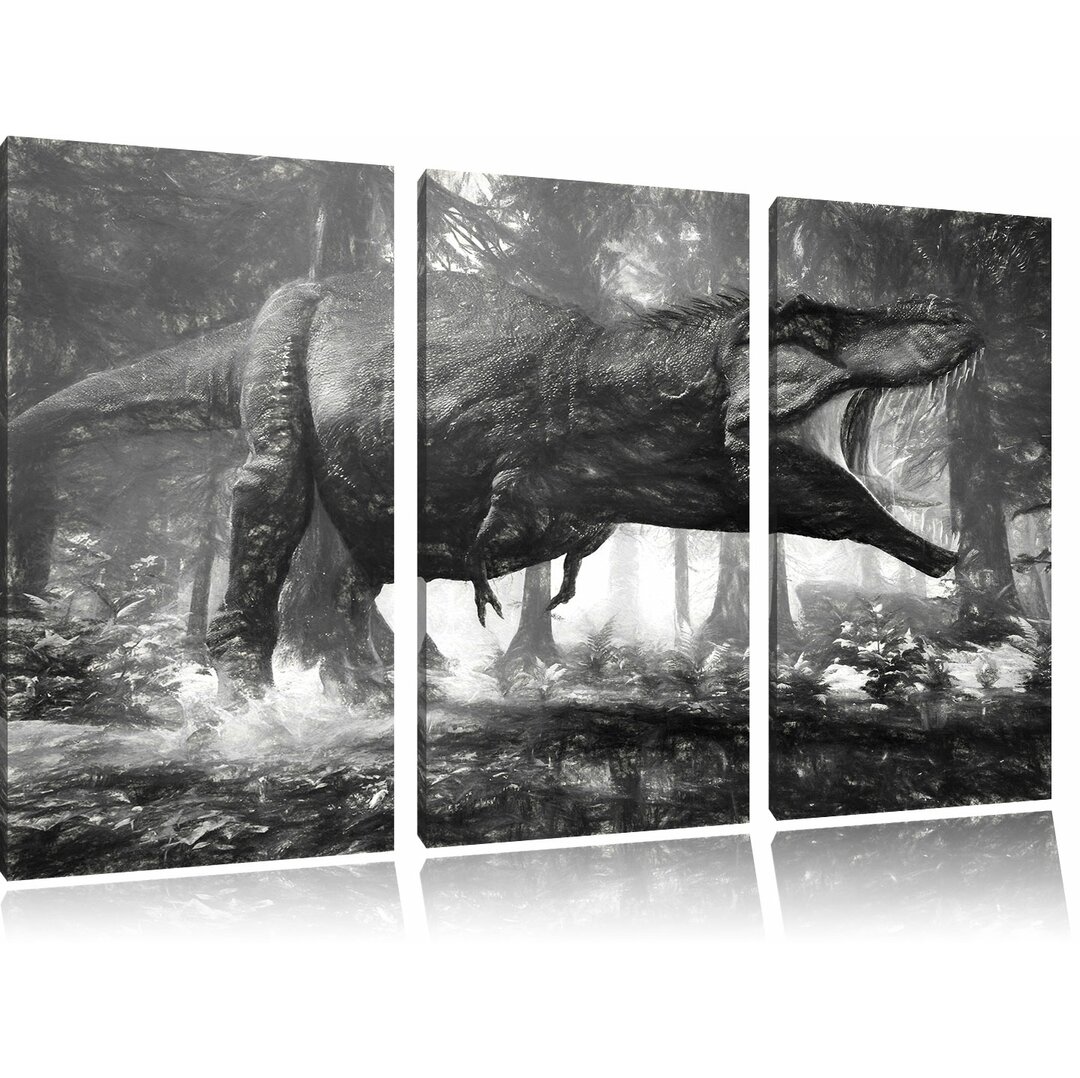 3-tlg. Leinwandbild-Set „T-Rex-Dinosaurier im Wald“, Kunstdruck