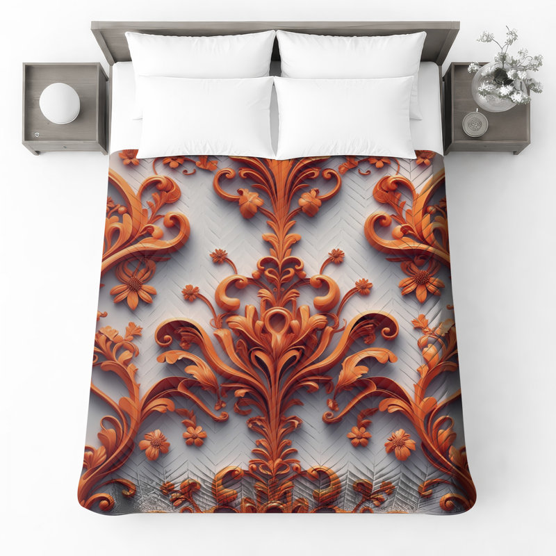 Ornate Orange Floral Quilted Thin Bedspread, Full / Double