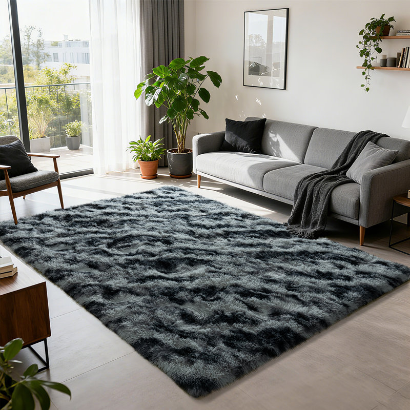 5x7 ft Tie-dyed Black and Grey Shag Rug, Ideal for living room decor, Ultra-Soft Puffy Fluffy Rug for Bedroom Flooring, Aesthetic Carpets Suitable for Kids' Rooms, Dorms, and Home Decor