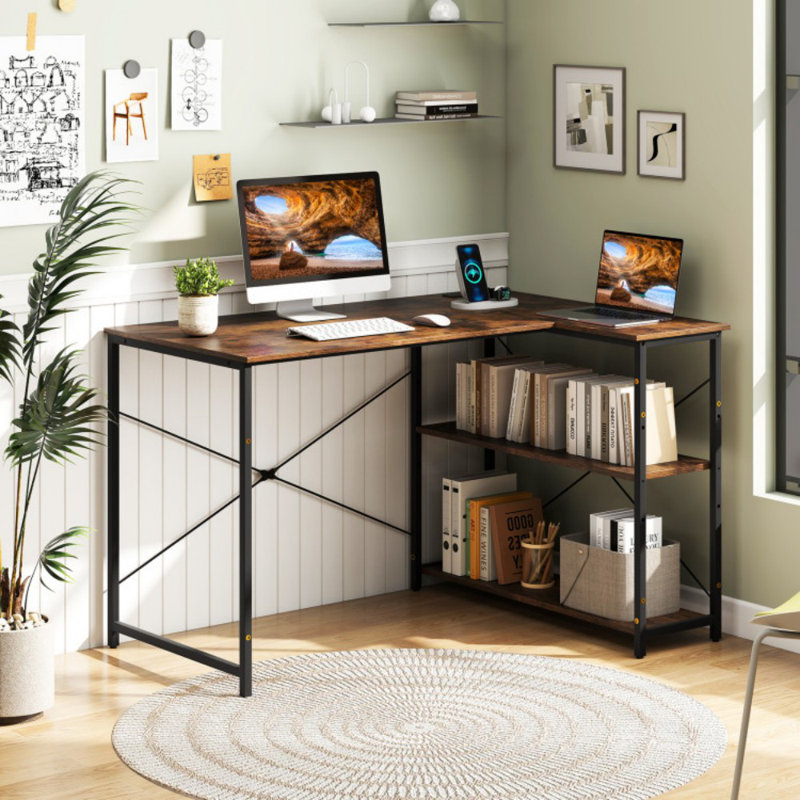 Bureau en coin en L réversible de 47 po avec tablettes de rangement réglables, Brun rustique / noir