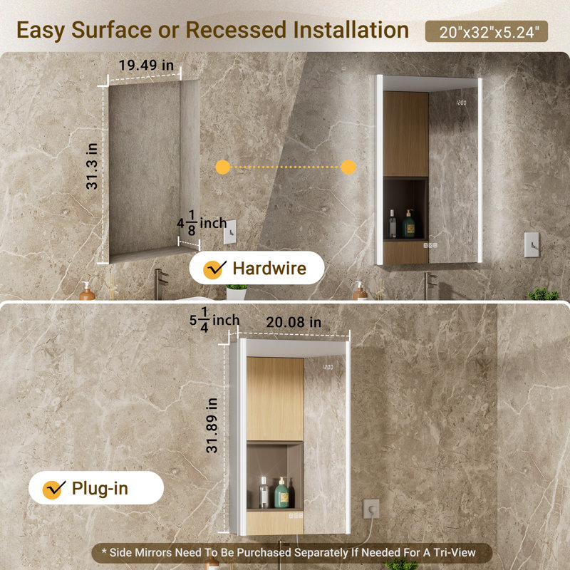 20" W x 32" H LED Medicine Cabinet with Mirror, Dimmable 3-Color Lighting, Anti-Fog, Outlet & USB Ports, Recessed/Surface Mount
