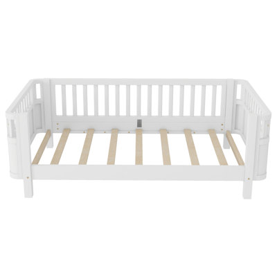 Lit plateforme pour enfant à profil bas avec rails de sécurité, cadre de lit pour tout-petit amovible, support à lattes de bois, blanc, simple