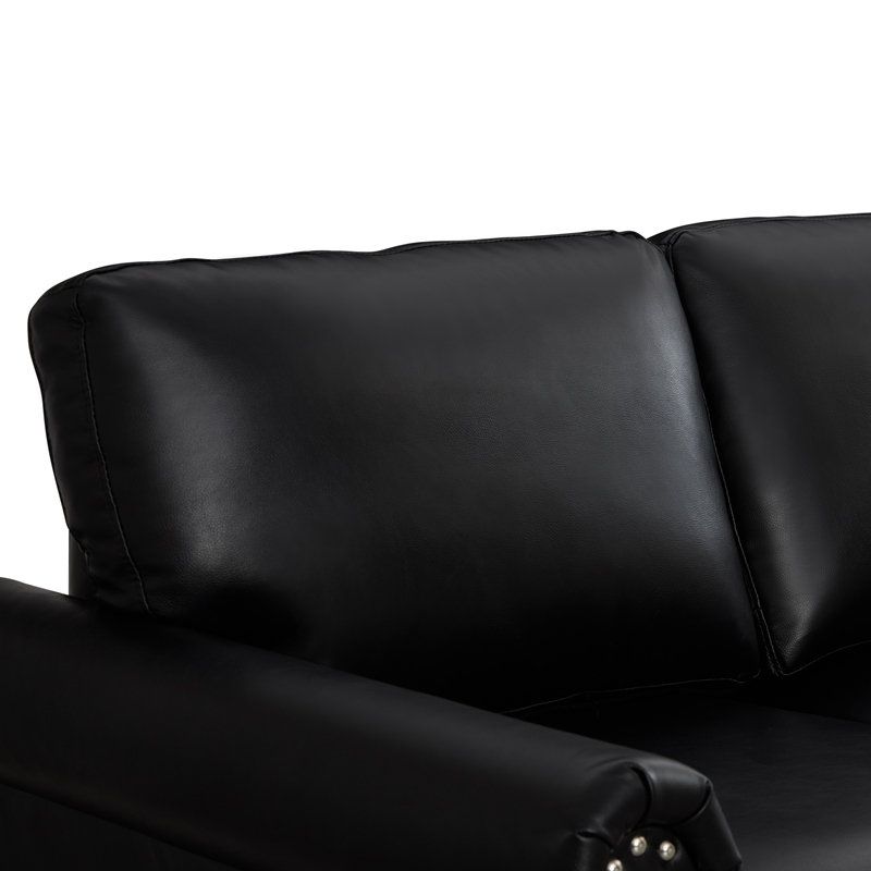 PU Leather Living Room Sofa with Storage，Nails Headtrim Decor, 34.5" H x 59.45" W x 31.89" D, Black