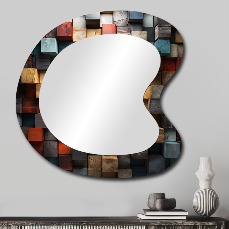 «Fidelma», cubes abstraits bleus et rouges IV - miroir mural asymétrique cubique, miroir décoratif de forme unique moderne, impression d'art en métal