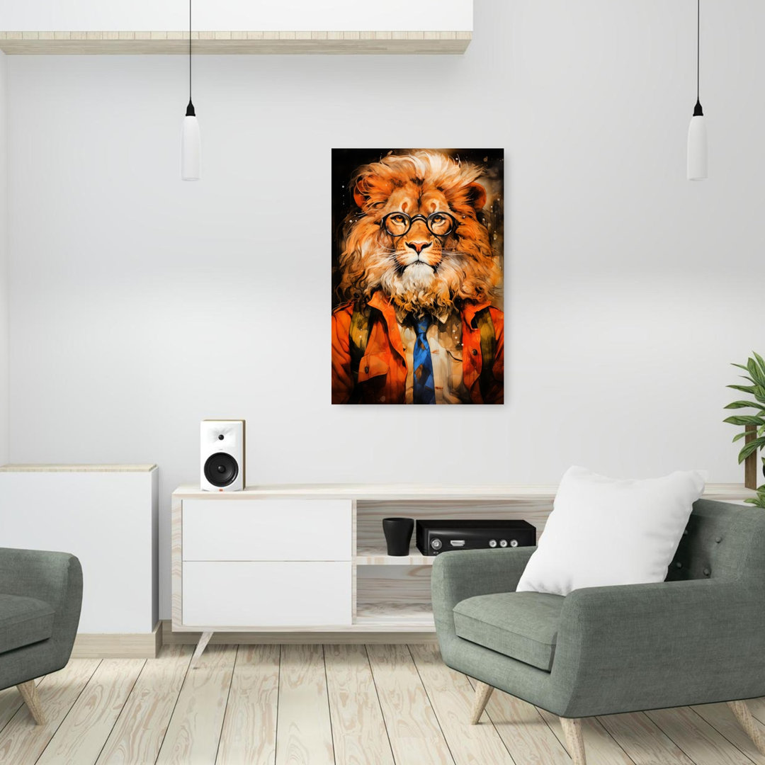 Intellectual Lion Portrait Whimsical Contemporary Lion Portrait Wildlife Wall Art Print