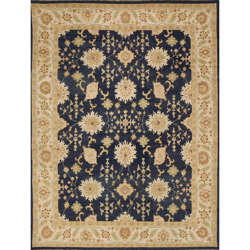 Tapis oriental rectangulaire en laine noué à la main bleu marine / beige / brun, Rectangle 9 pi x 12 pi