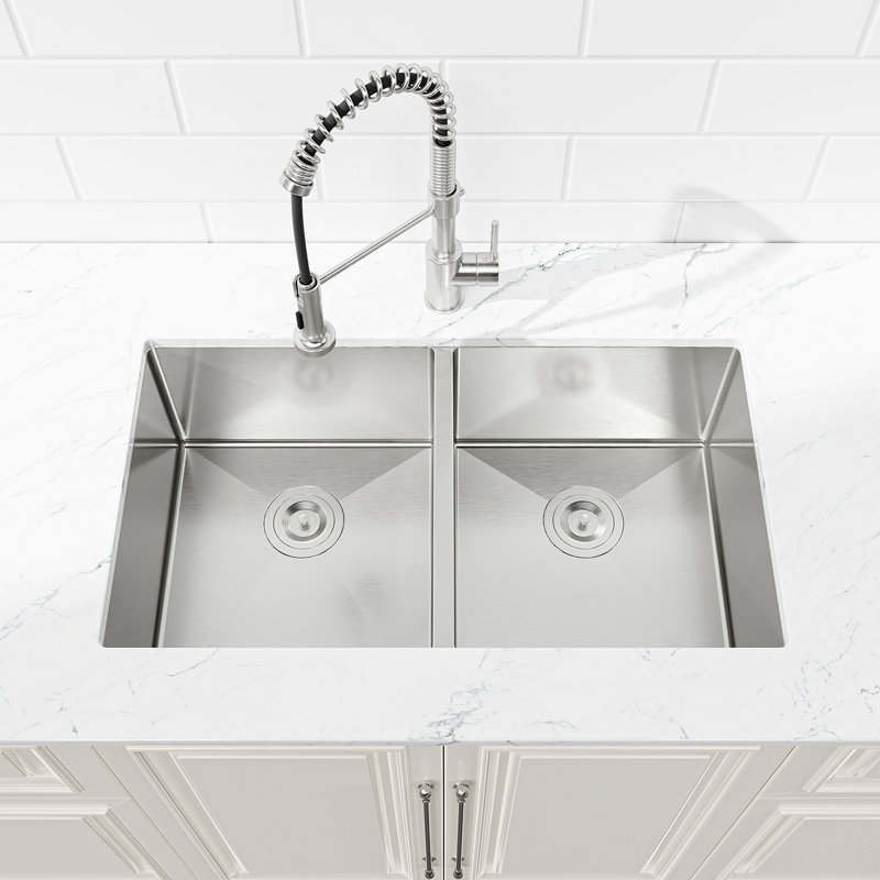 33"X19" Embedded Double Bowl Kitchen Sink, Undermount Handmade Sink In Brushed (Sink Only)