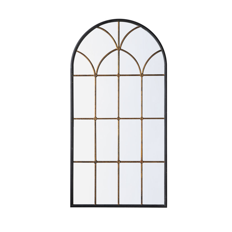 34X65.5" Arched Full-Length Mirror With Black And Gold Windowpane Design