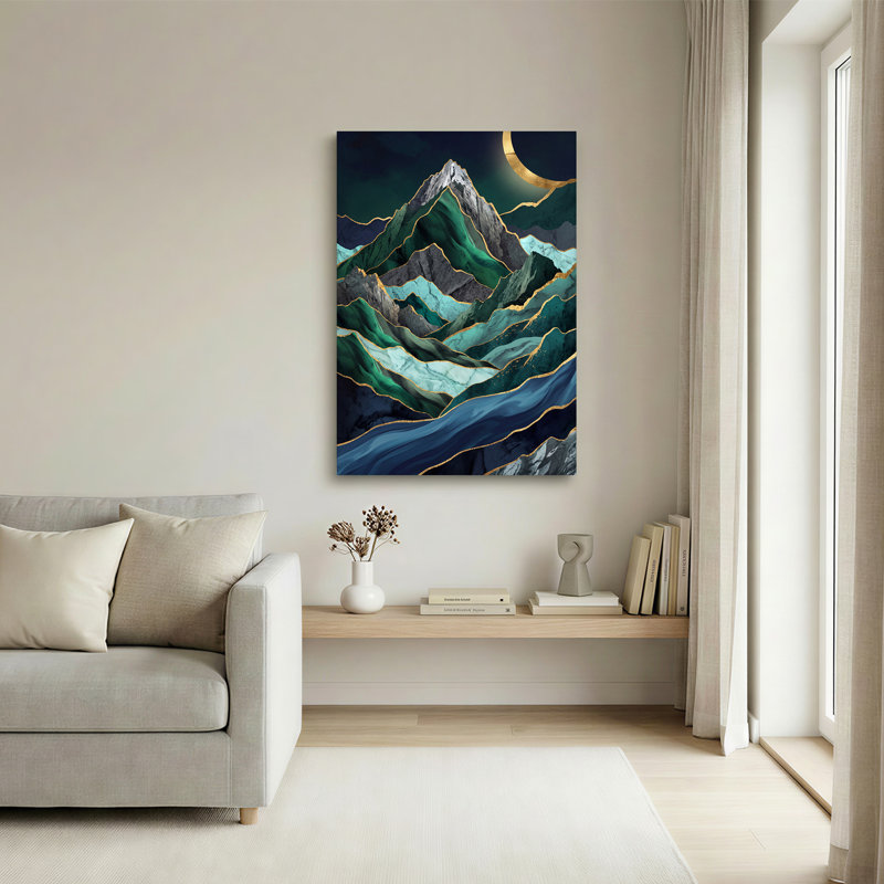 Art mural sur toile vert et bleu avec montagnes en marbre, 24"H x 16"W