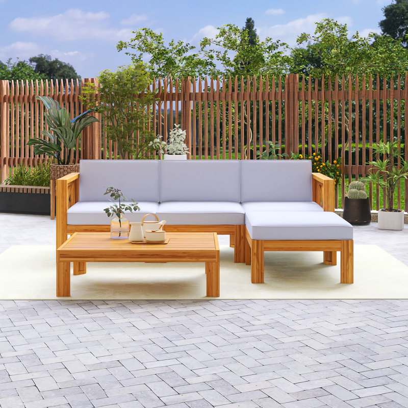 5-Piece Natural Wood Frame Outdoor Patio Sectional Sofa Sets With Cushion, Gray