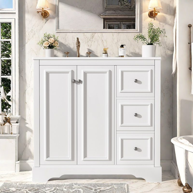 Meuble-lavabo 36 po avec plateau en céramique, tiroirs et armoire, Blanc