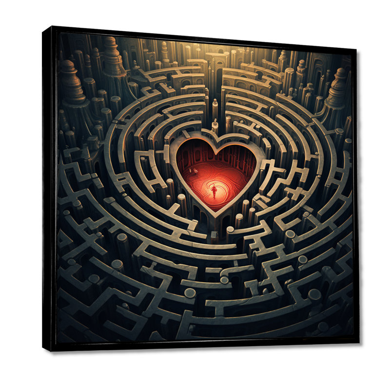 Le labyrinthe du cœur - reproduction d'art abstraite murale, Toile avec cadre flottant noir, H 16 po x l 16 po x P 1 po
