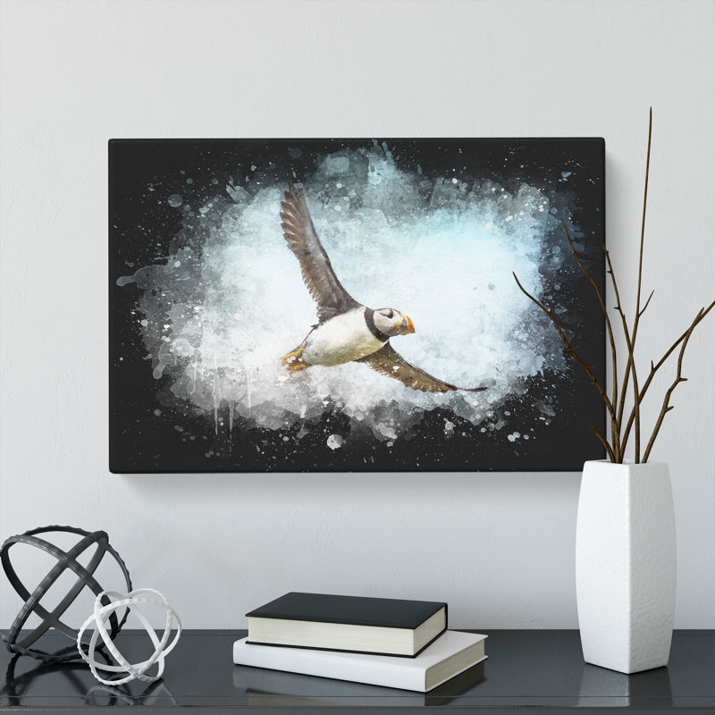 Flying Atlantic Puffin Bird - Wrapped Canvas, 60cm H x 91cm W x 3cm D