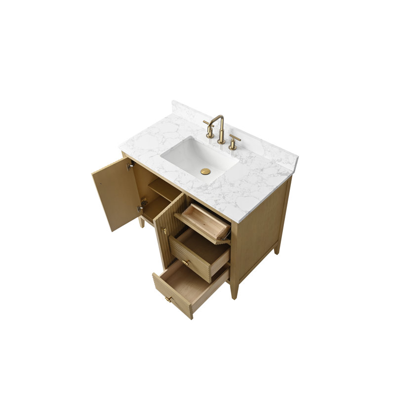 Meuble-lavabo simple 42 po avec plateau en marbre, Doré brossé, Chêne naturel linéaire