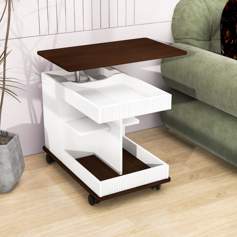 Table d'appoint pour canapé avec plateau relevable et espace de rangement, Blanc / Brun