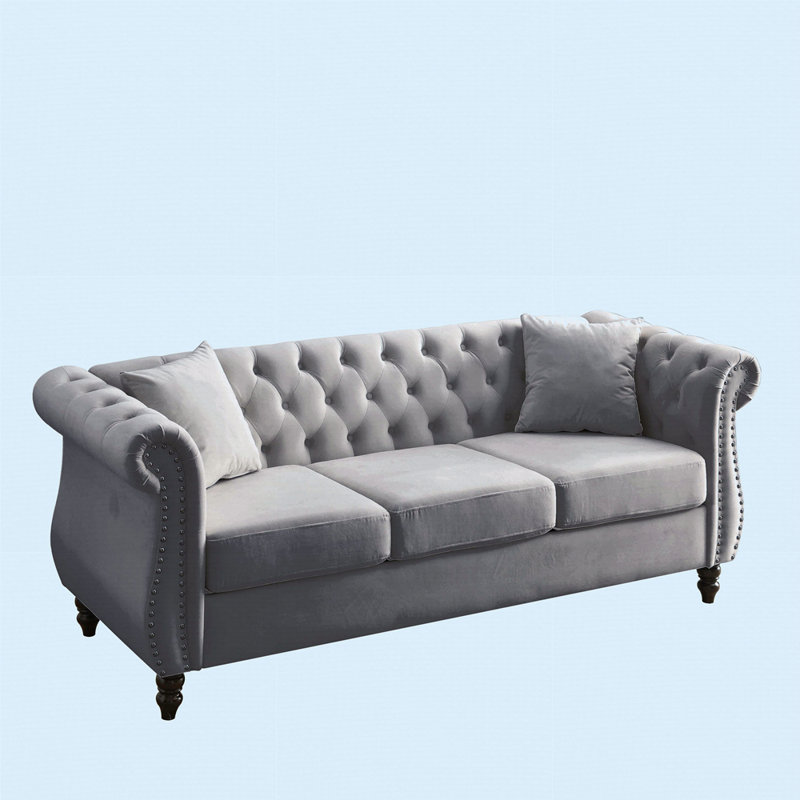 Canapé Chesterfield 80 po en velours 3 places avec accoudoirs roulés, Gris, 3, H 30 po x l 80 po x P 29 po