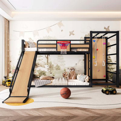 Lit simple mezzanine / superposé en métal de taille XL avec panier de basketball, anneaux de traction, mur d'escalade et bibliothèque intégrée, conception ludique pour enfants avec glissade, noir