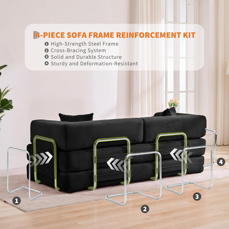 5-in-1 Convertible Sofa Bed, 78.8" Modular Corduroy Sleeper with Sturdy Frame & No Assembly, Multi-Functional Futon for Small Space, Living Room & Guest Room