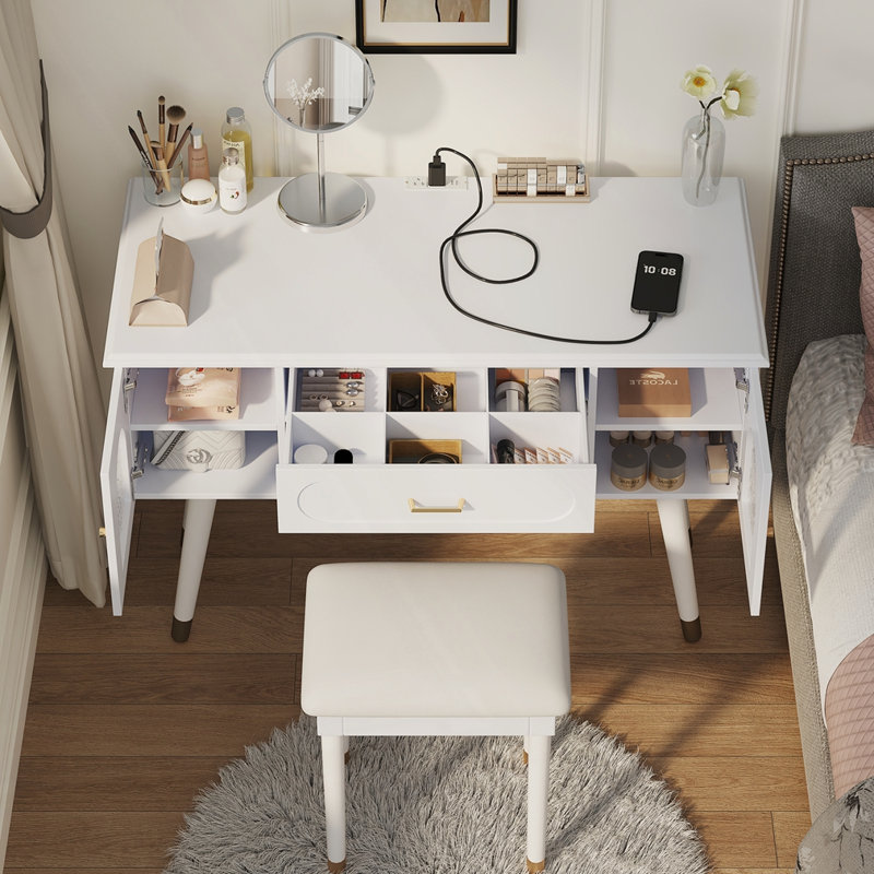 Elegant Vanity Makeup Table & Chair Set, White