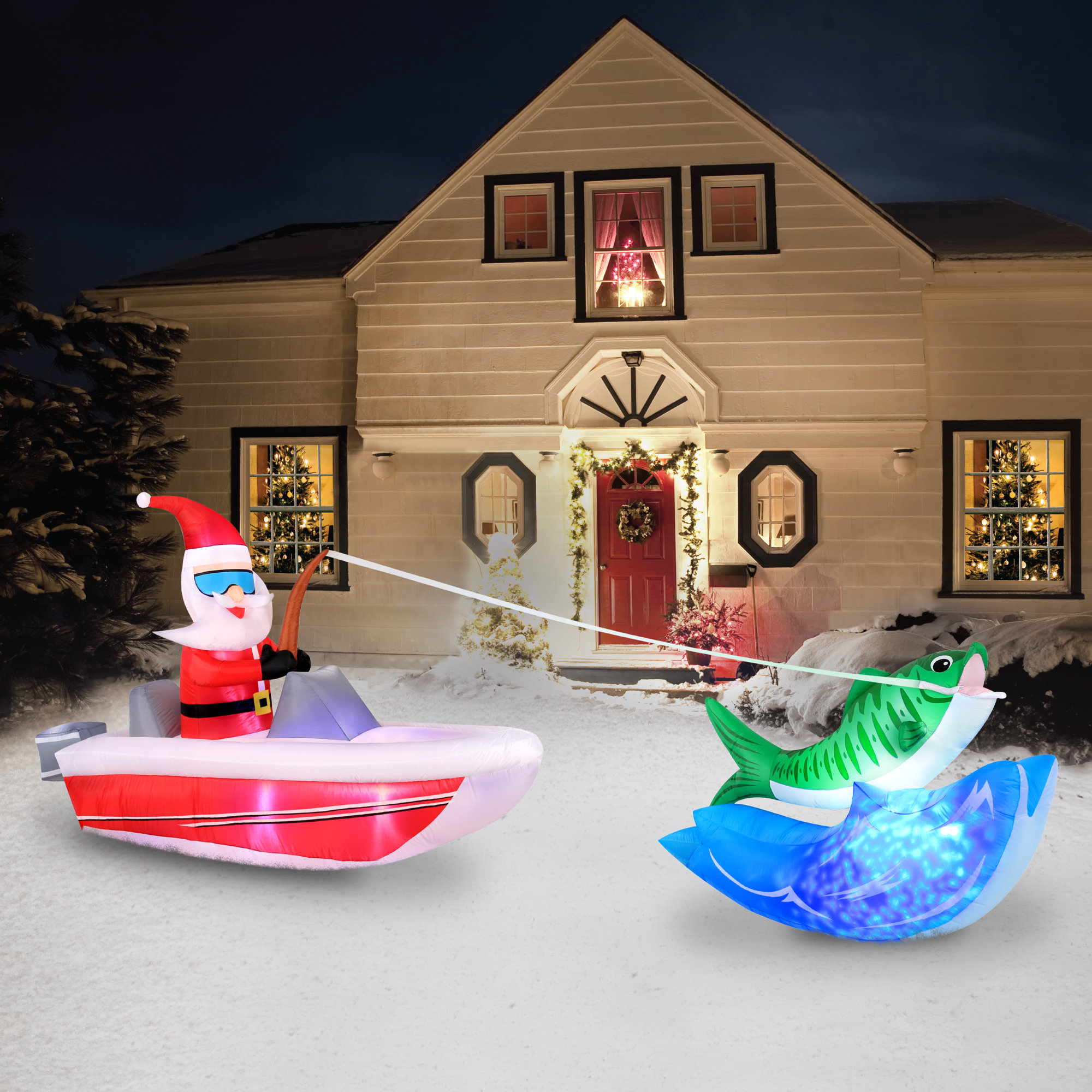 Occasions Outdoor Inflatable Boat Fishing Santa with Swirling Lights