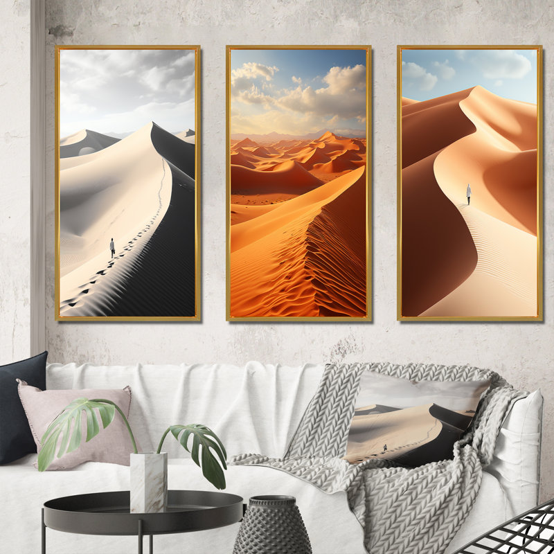 "Mirage du désert égyptien", 3 pièces sur toile, H 20 po x l 36 po, Encadrement doré