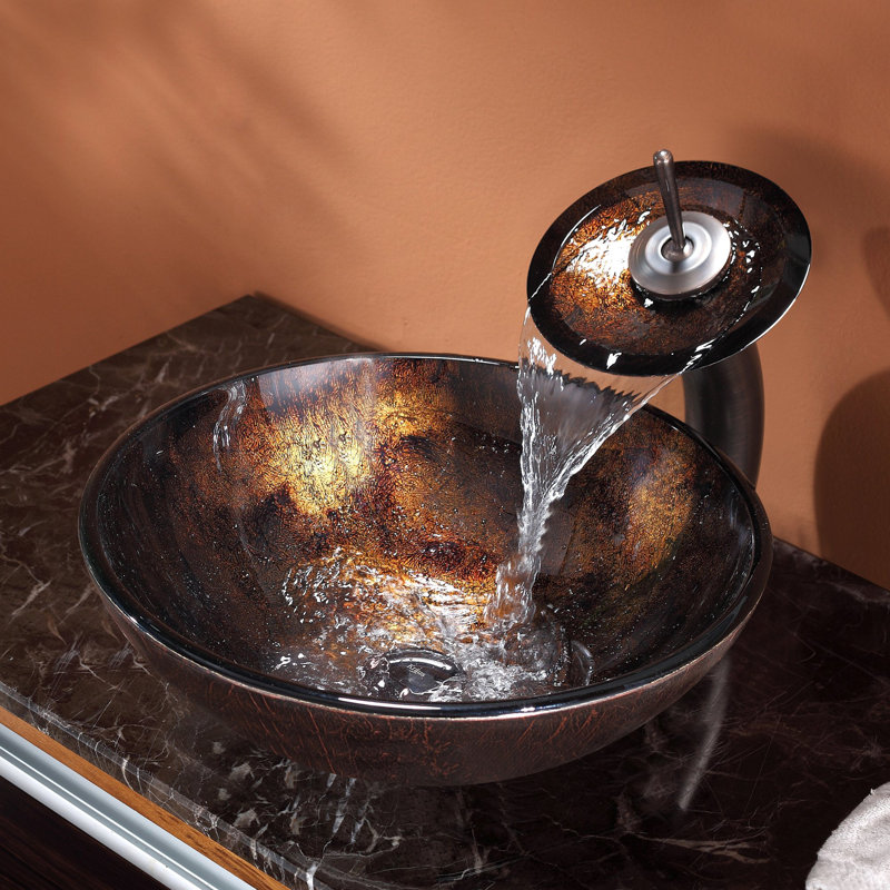 Glass Circular Vessel Bathroom Sink with Faucet, Oil Rubbed Bronze