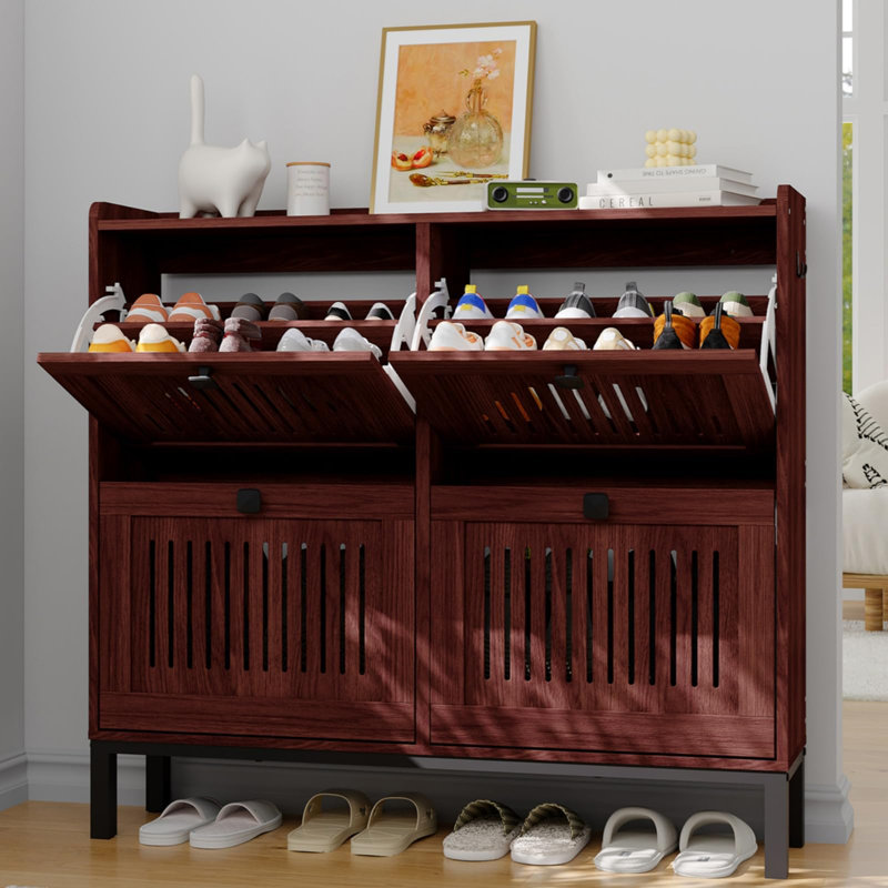 4-Door Flip Shoe Cabinet with Adjustable Shelves, Hidden Entryway Storage Organizer, Wooden Shoe Rack, Walnut