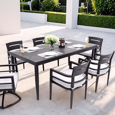 Modern 7PC Outdoor Patio Aluminum Dining Set, 35.5"x71" Rectangular Table with Black Marble-Look Sintered Stone Top, Ember Black, 4 Chairs & 2 Swivel Rockers, Sunbrella Cushions