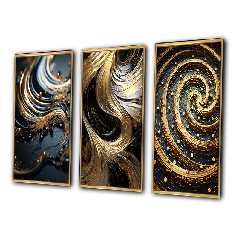 Ensemble de 3 pièces d'art rétro en spirale sur fond noir, Cadre flottant doré, H 28 po x l 36 po