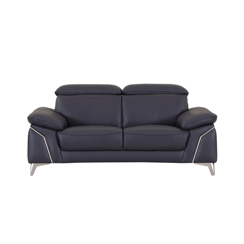 Navy Loveseat with Adjustable Headrest in Genuine Leather, Navy Genuine Leather