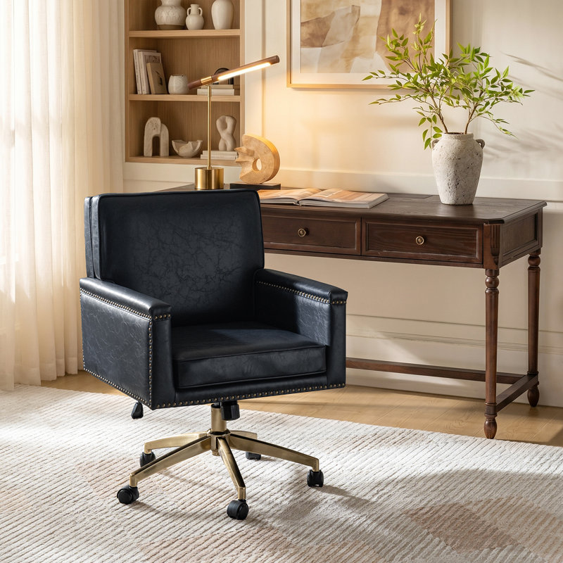Oracle Transitional Faux Leather 360° Swivel Tilting Office Chair with Nailhead Trim, Navy