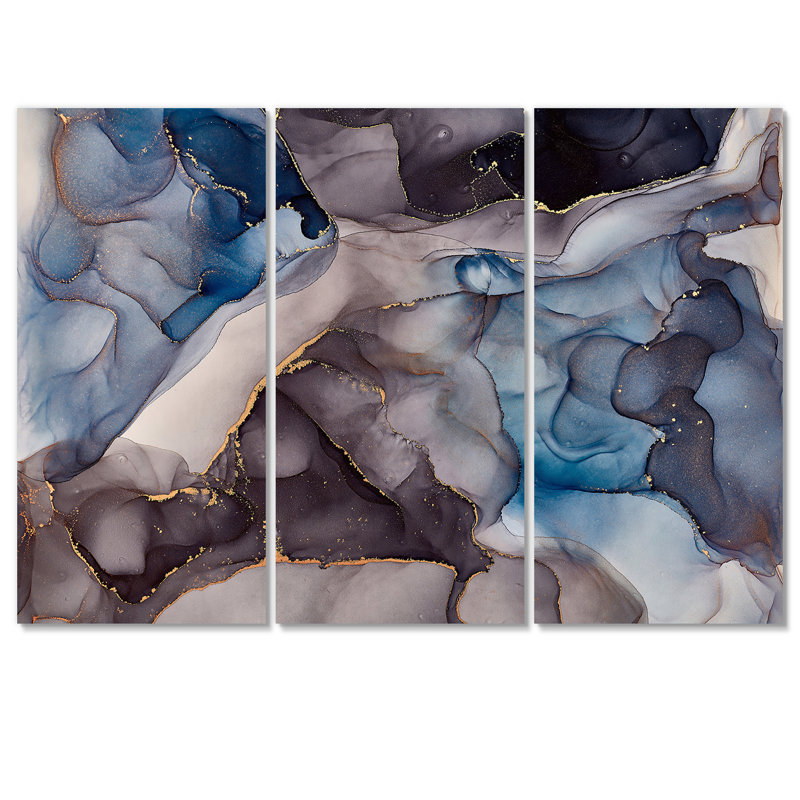 " Grey And Blue Luxury Abstract Fluid Art " 3 - Pieces, 32" H x 48" W x 1" D
