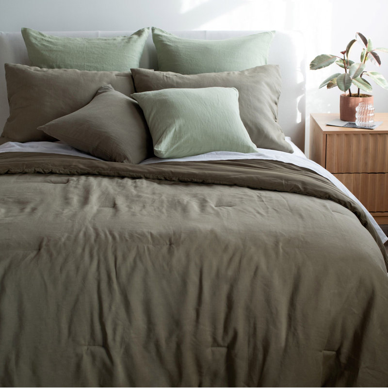 French Linen Comforter & Sham Set, Moss, Twin Comforter + 1 Standard Pillow Sham