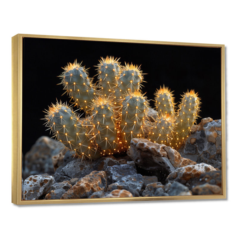 Cactus jaune, jaune, noir, coucher de soleil, cactus floral, salon, Toile avec cadre flottant or
